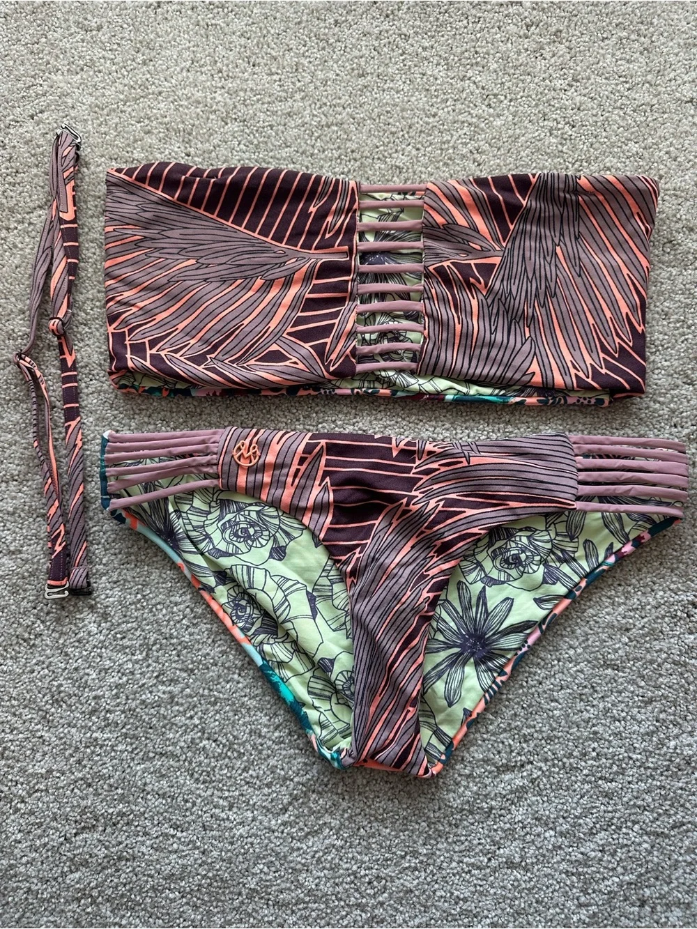 Maaji Strapless Floral Bikini Set in Pink and Brown with Green Lining